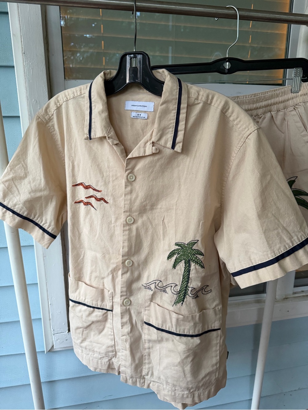 Urban Outfitters Cream Short-Sleeve Embroidered Palm Shirt